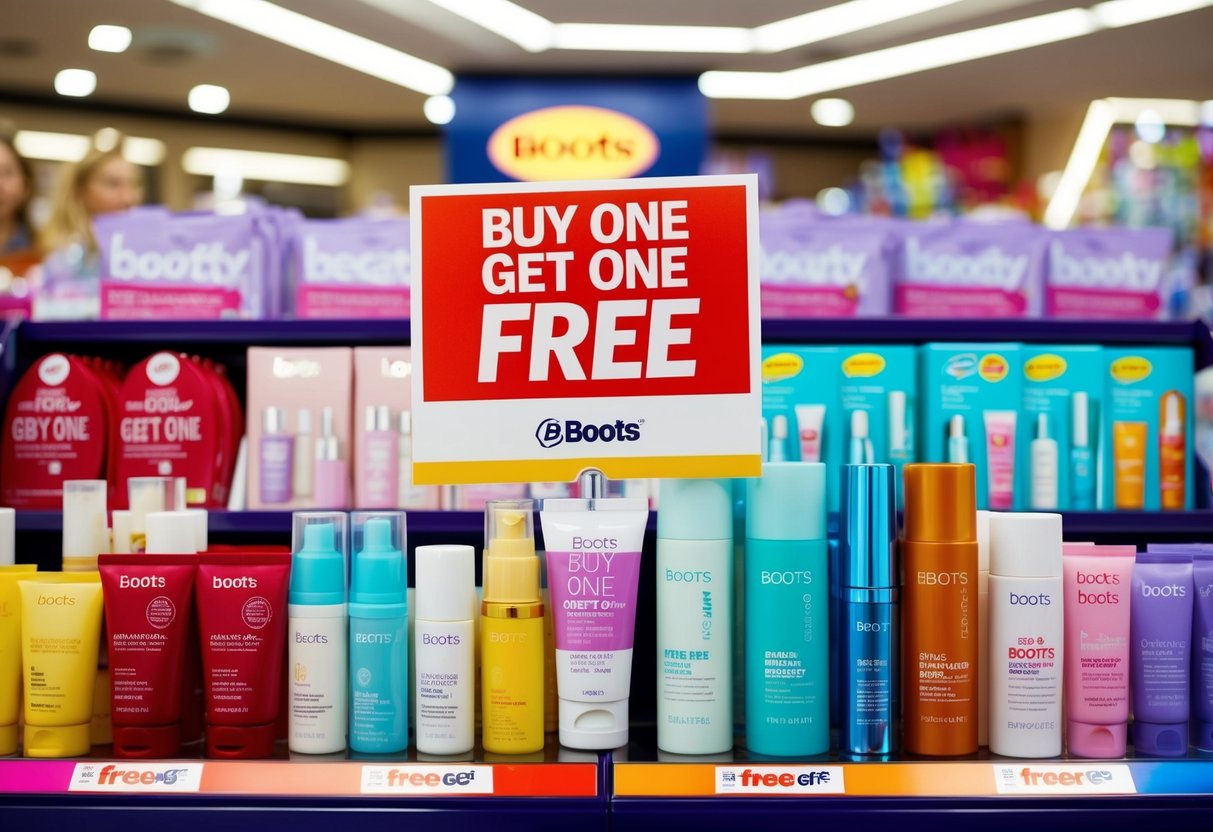 A colorful display of beauty and skincare products with a prominent "Buy One Get One Free" sign at Boots