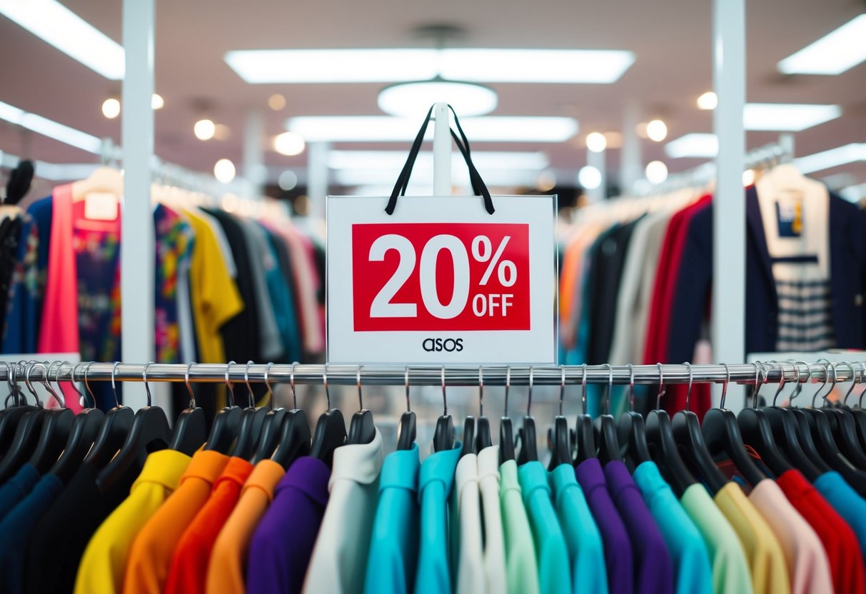 A colorful display of ASOS fashion items with a prominent "20% off" tag