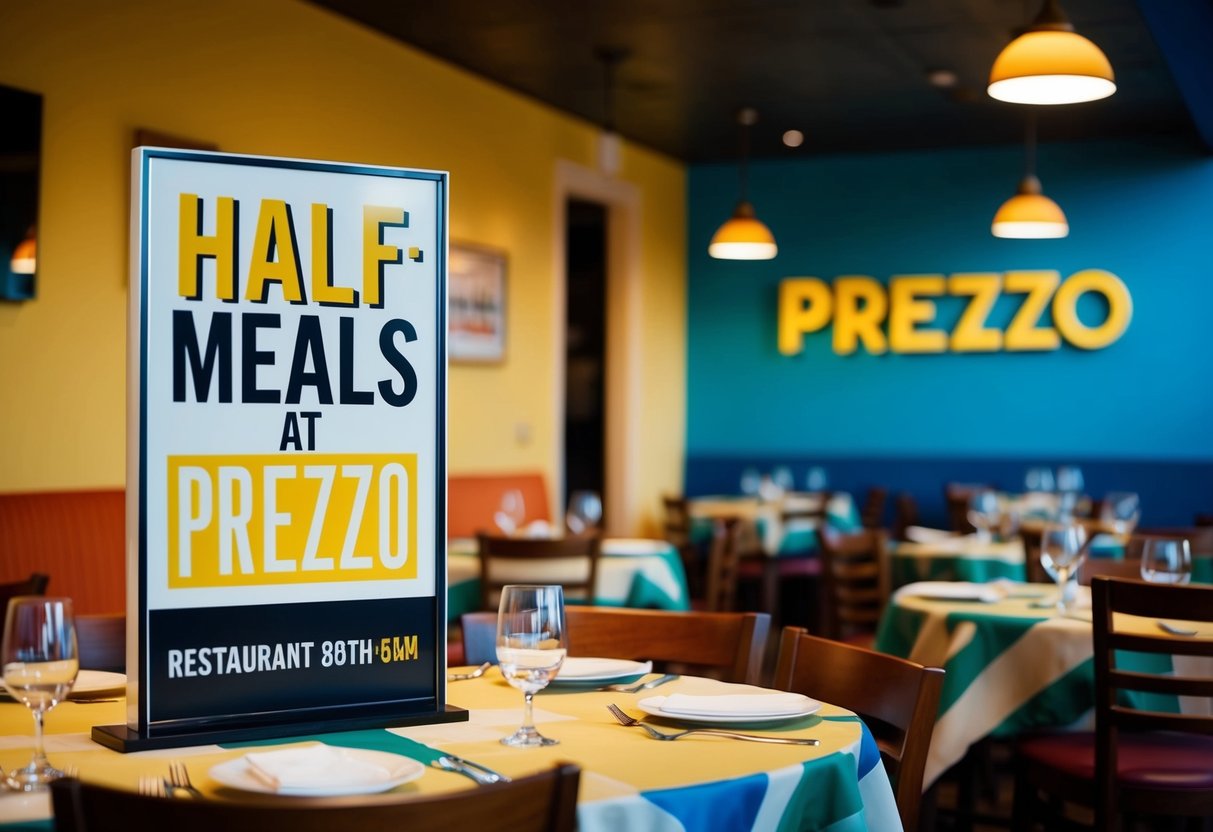 A colorful restaurant with a "Half-price meals at Prezzo" sign displayed prominently. Tables and chairs are set up, with a warm and inviting atmosphere