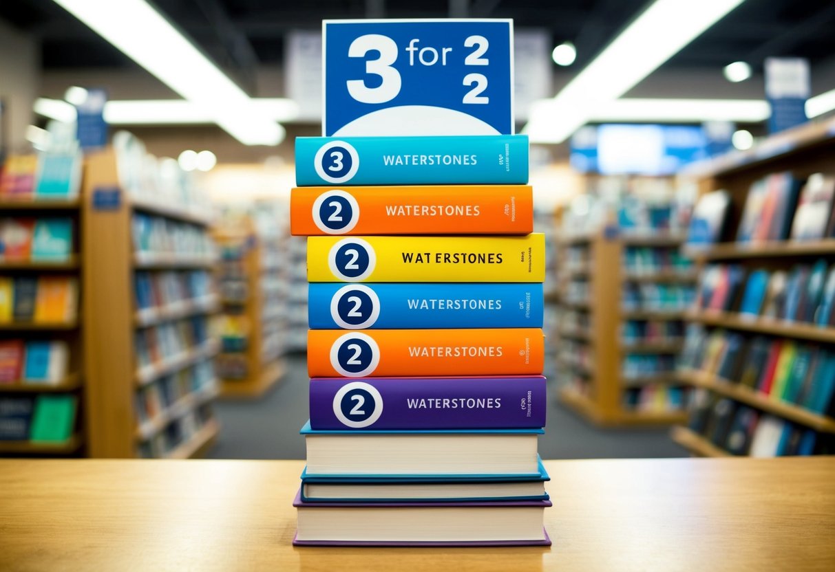 A stack of colorful books with "3 for 2" signs at a Waterstones bookstore