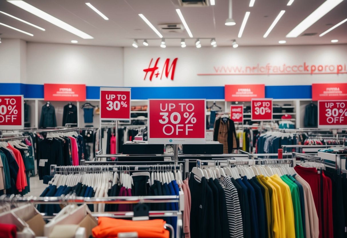 A vibrant display of clothing racks and shelves showcasing discounted items at H&M, with prominent "Up to 30% off" signs and promotional banners