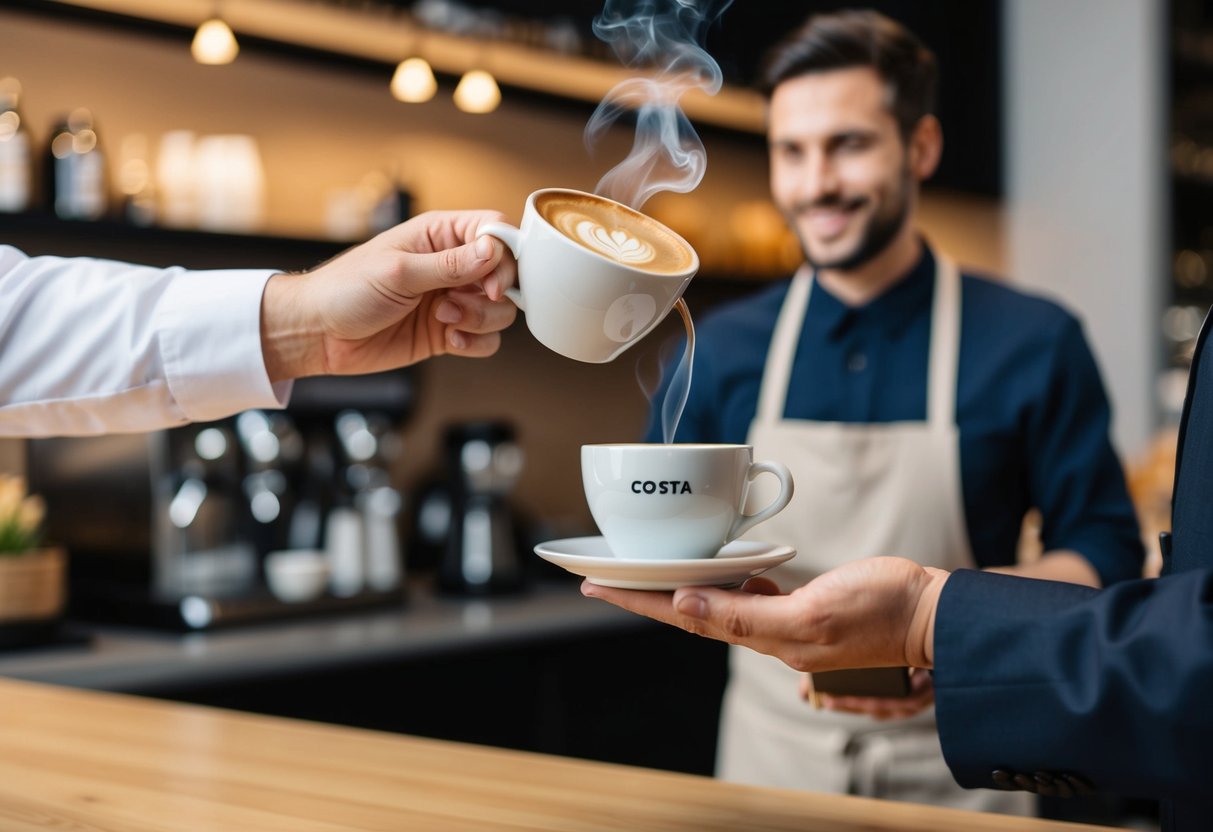 A customer receiving a free coffee with their purchase at Costa, with the barista handing over the steaming cup with a smile