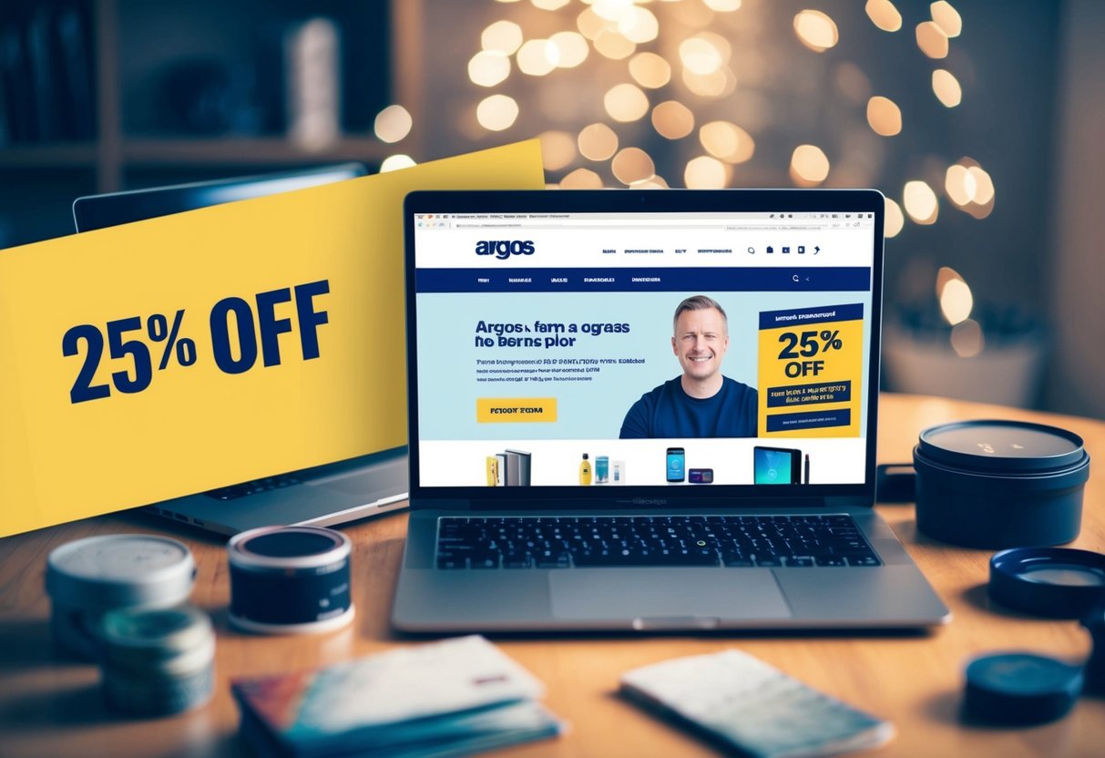 A laptop with the Argos website displayed, surrounded by various products and a "25% off" banner