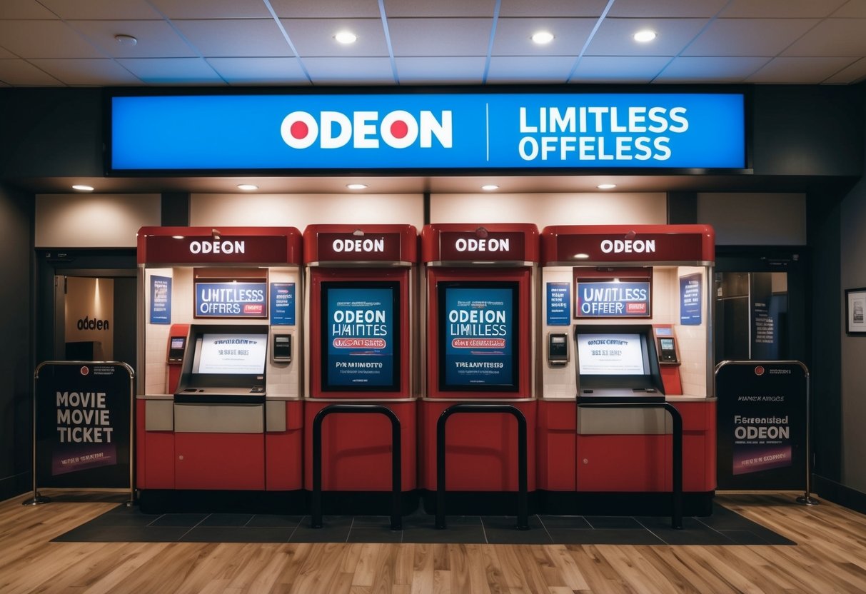 A movie theater ticket booth with a sign advertising ODEON Limitless offers and promotions