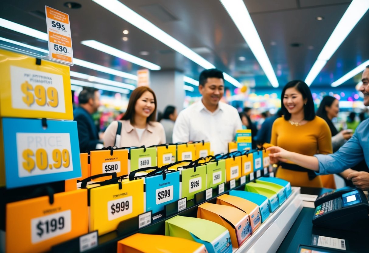 A colorful display of products with price tags and promotional signs, surrounded by happy customers and a busy cashier