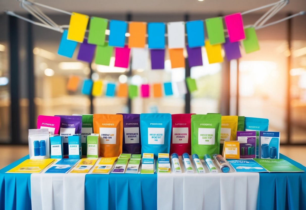 A vibrant display of promotional materials and products, arranged neatly on a table with colorful banners and signs hanging above