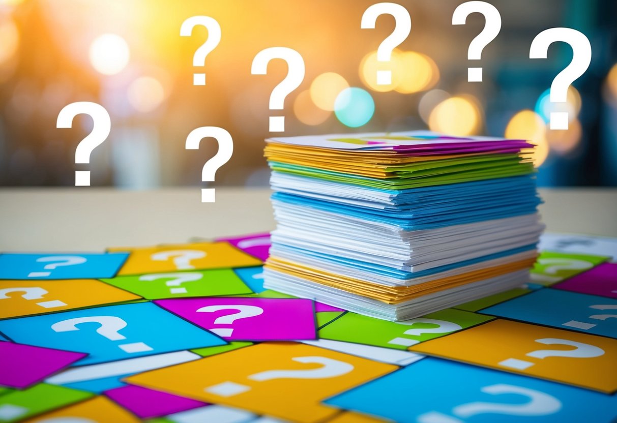 A stack of colorful flyers and banners, surrounded by question marks and exclamation points