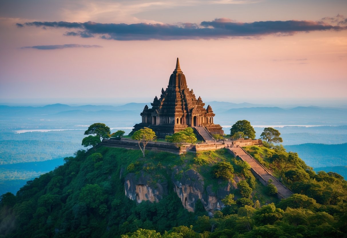 A grand ancient temple atop a mountain, surrounded by lush greenery and overlooking a vast, serene landscape