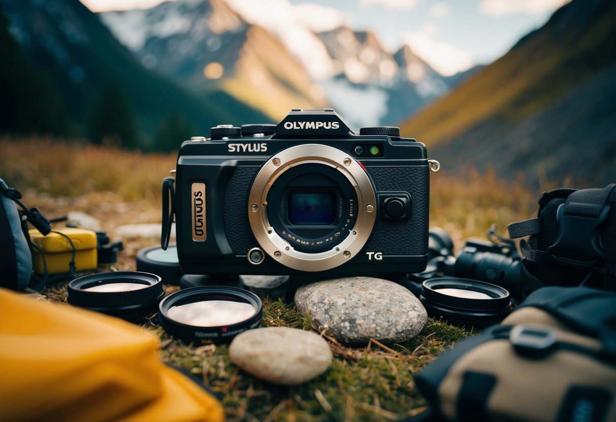 A rugged Olympus Stylus Tough TG-6 camera surrounded by outdoor adventure gear and nature elements