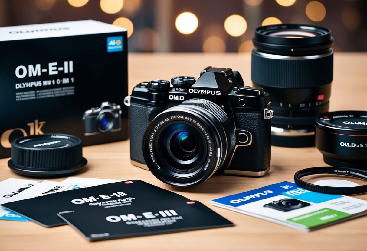 A sleek Olympus OM-D E-M1 Mark III camera surrounded by promotional materials and accessories