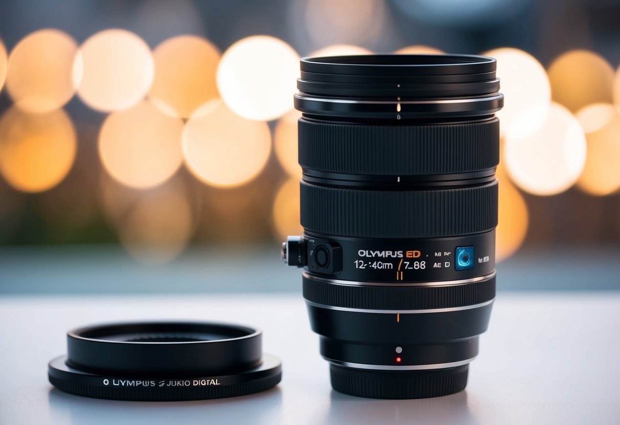 A close-up shot of the Olympus M.Zuiko Digital ED 12-40mm f/2.8 PRO Lens with soft lighting and a blurred background