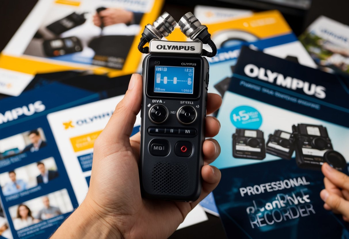A hand holding a digital voice recorder with the Olympus logo visible, surrounded by promotional materials