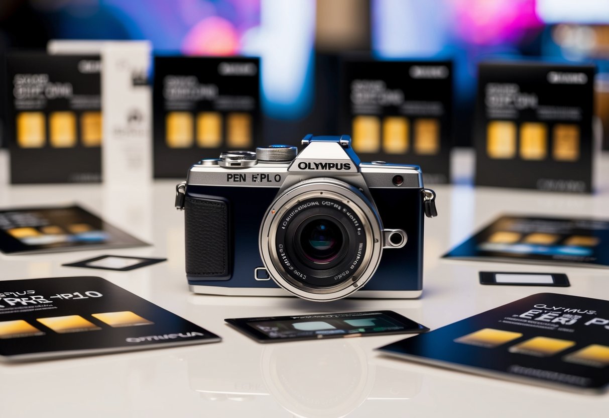 A sleek Olympus PEN E-PL10 camera surrounded by promotional materials