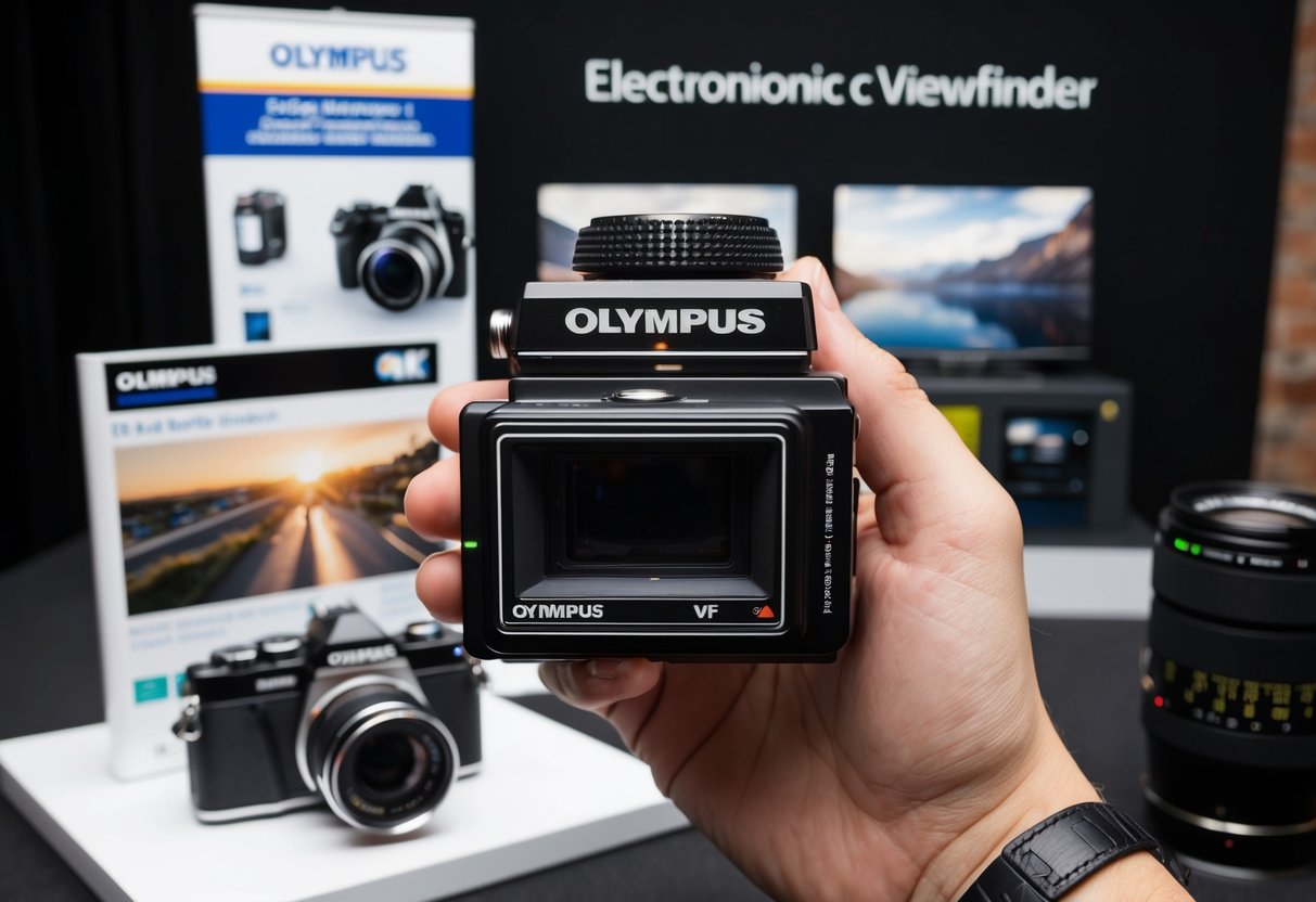 A hand holding an Olympus VF-4 Electronic Viewfinder, with a camera in the background and promotional materials displayed nearby
