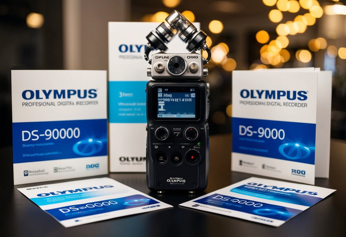 A sleek Olympus DS-9000 digital recorder surrounded by promotional materials and logos