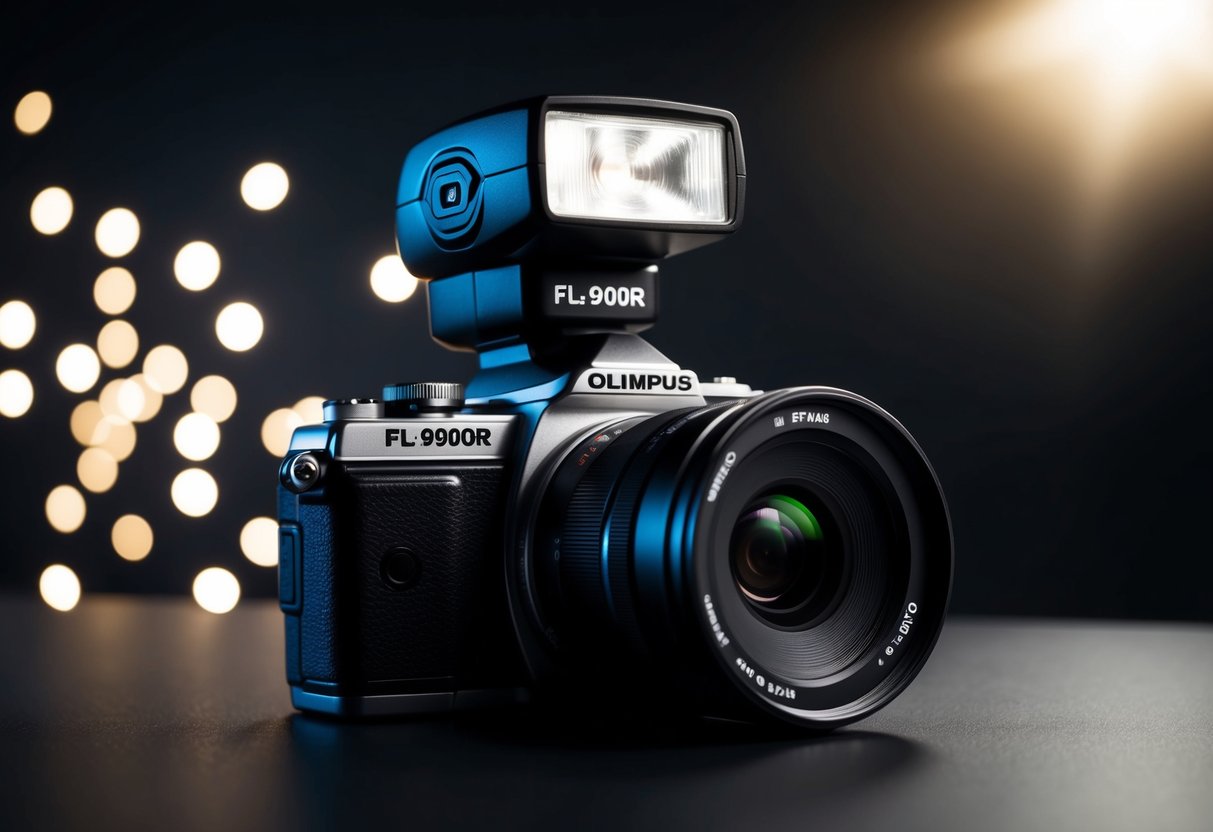 A camera with an Olympus FL-900R flash attached, positioned against a dark backdrop with dramatic lighting