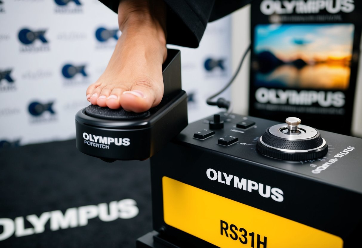 A foot pressing down on an Olympus RS31H footswitch, with the Olympus logo and promotional materials in the background