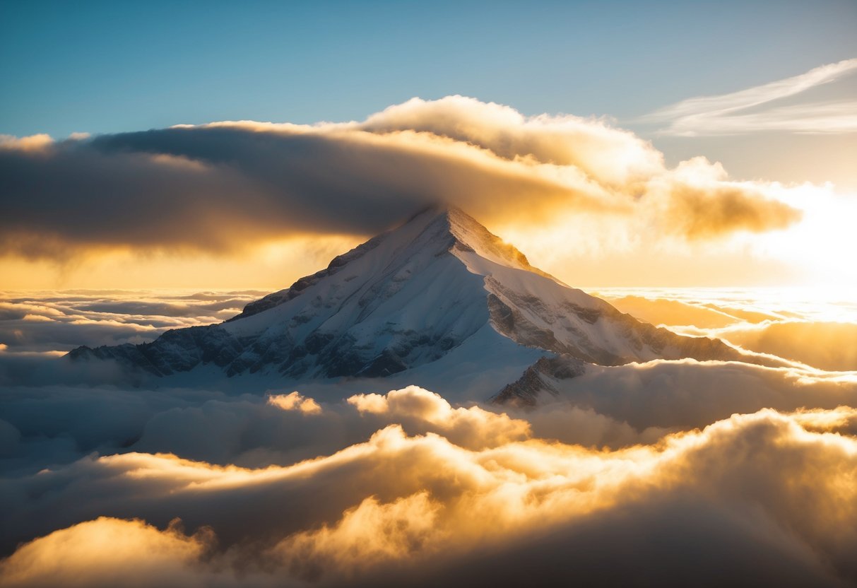 A grand mountain peak surrounded by swirling clouds and beams of golden sunlight