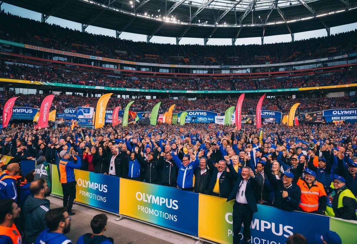 A crowded stadium filled with cheering fans, colorful banners, and promotional booths at the Olympus Promotions event