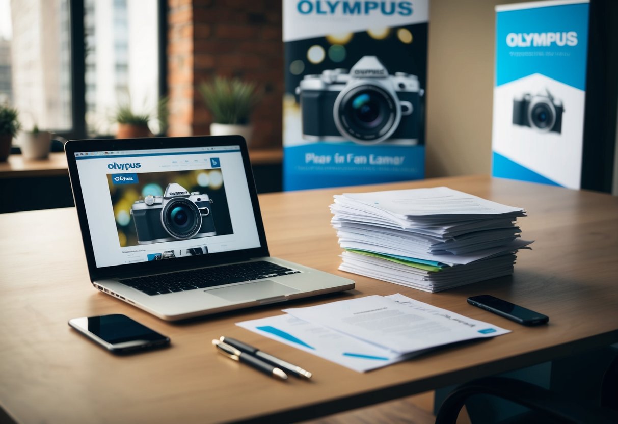 A desk with a laptop, a stack of papers, and a promotional banner for Olympus