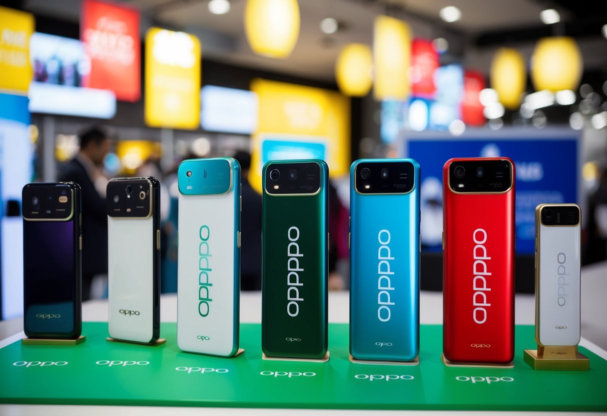 A colorful display of Oppo products with promotional banners and logos