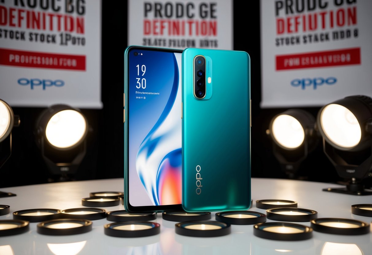 A sleek OPPO Find X5 Pro surrounded by promotional banners and spotlights