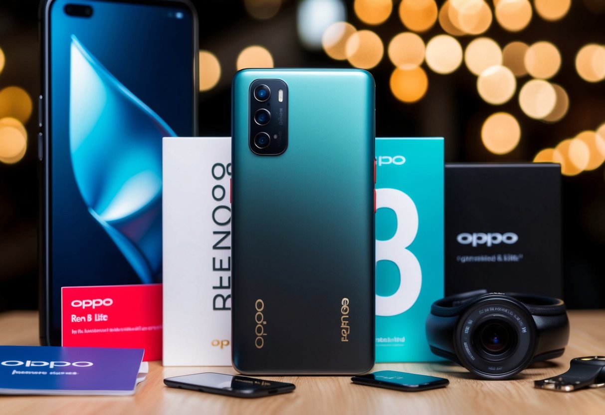 A sleek OPPO Reno8 Lite phone surrounded by promotional materials and accessories