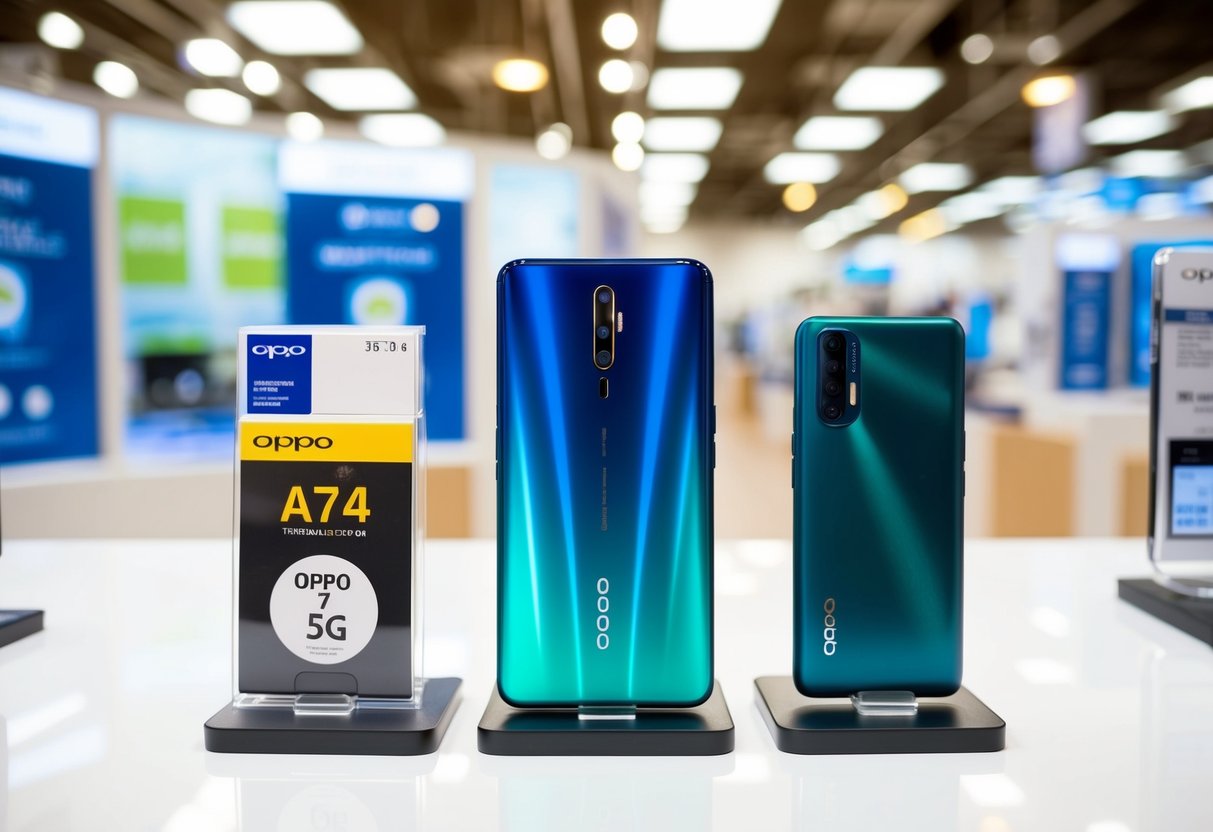 A sleek OPPO A74 5G phone displayed with promotional materials in a modern, brightly lit electronic store