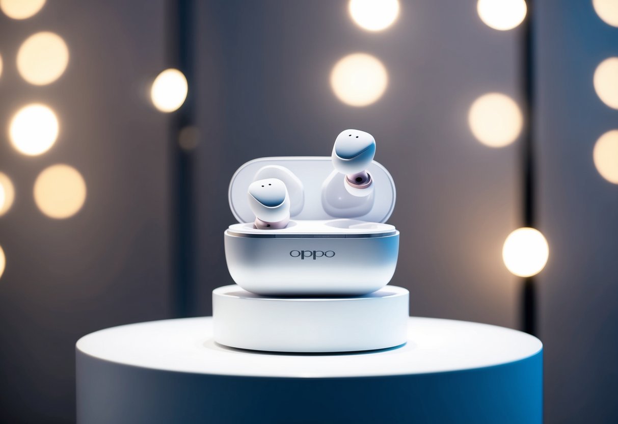 A pair of OPPO Enco X2 earbuds displayed on a sleek, modern pedestal with soft lighting illuminating the surrounding area