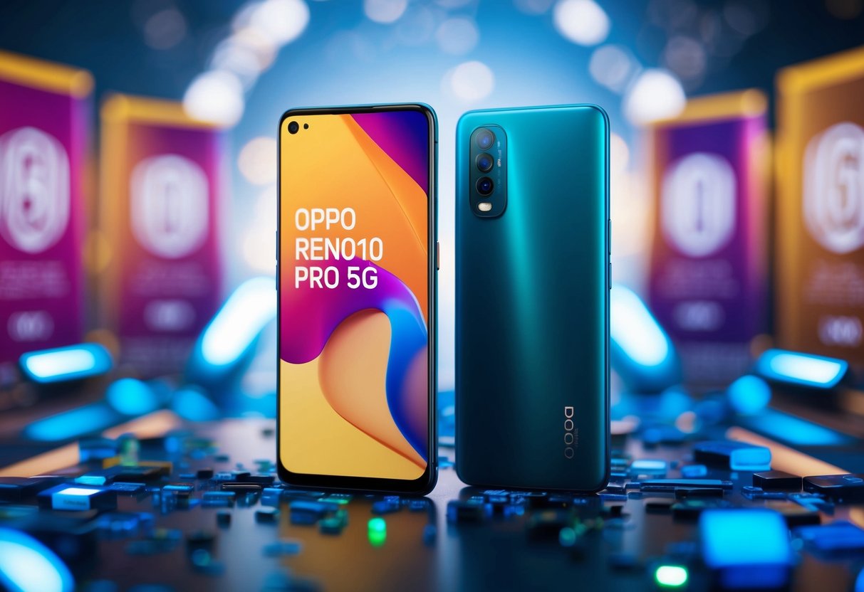 A sleek OPPO Reno10 Pro 5G phone surrounded by vibrant promotional materials and futuristic technology