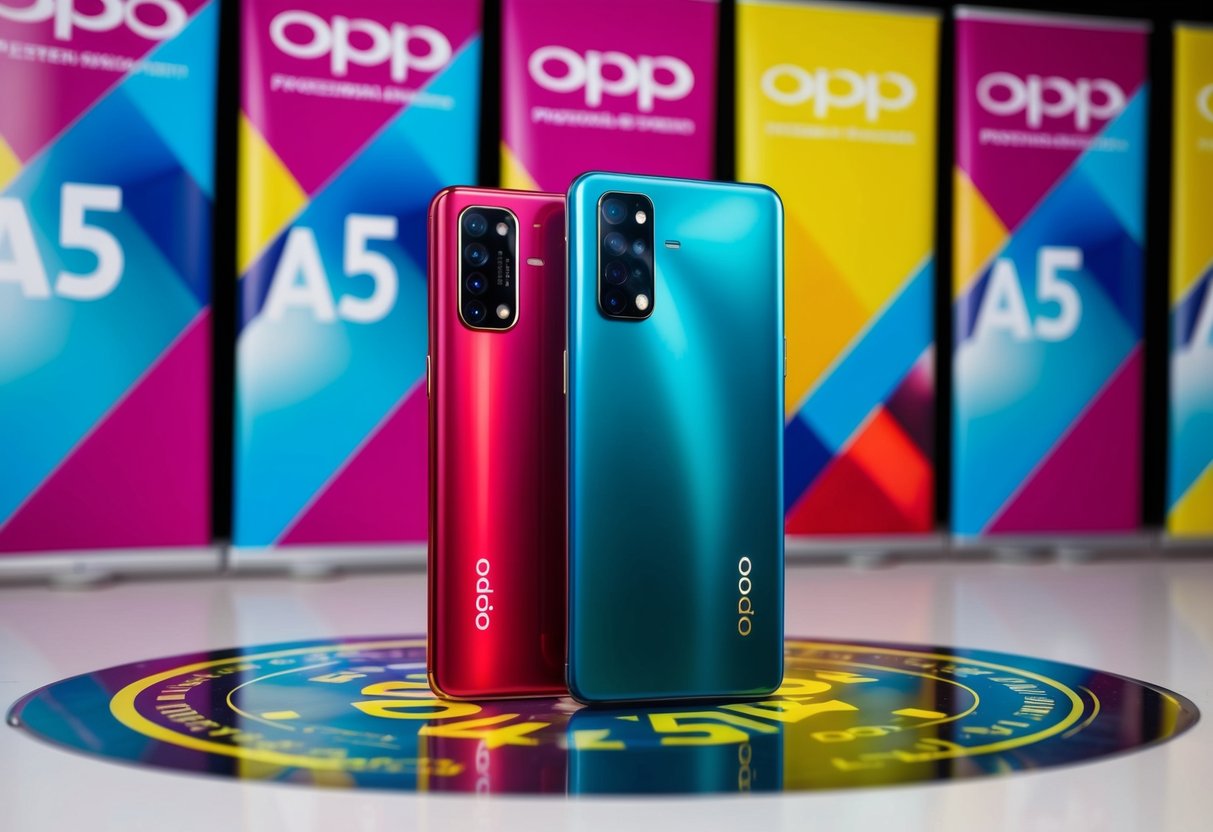 A sleek OPPO A54 phone surrounded by vibrant promotional banners and logos