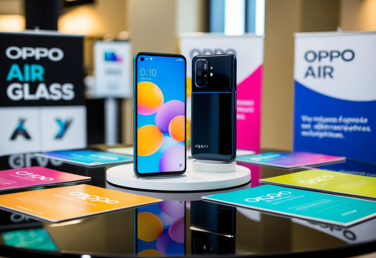 A sleek, modern table with the OPPO Air Glass displayed prominently, surrounded by vibrant promotional materials
