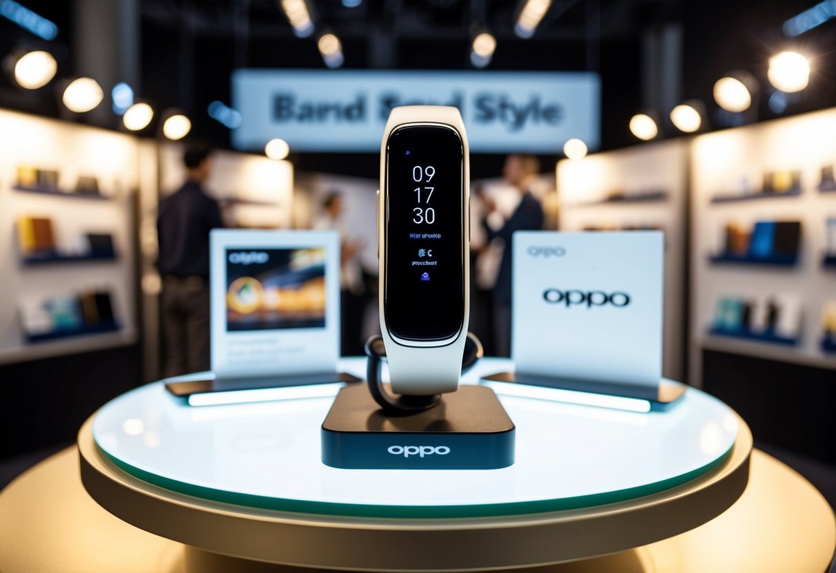 A sleek OPPO Band Style on a display stand, surrounded by promotional materials and spotlights