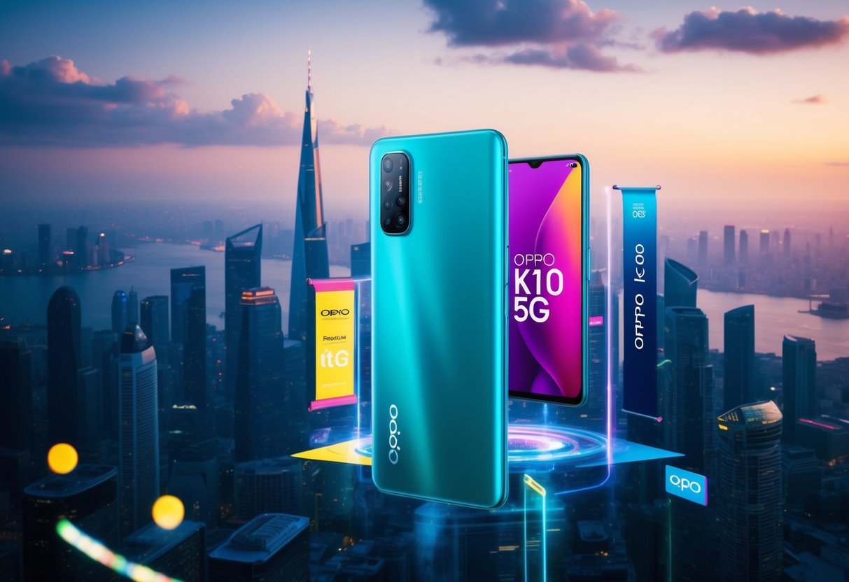 A futuristic city skyline with the OPPO K10 5G prominently displayed, surrounded by colorful promotional banners and lights