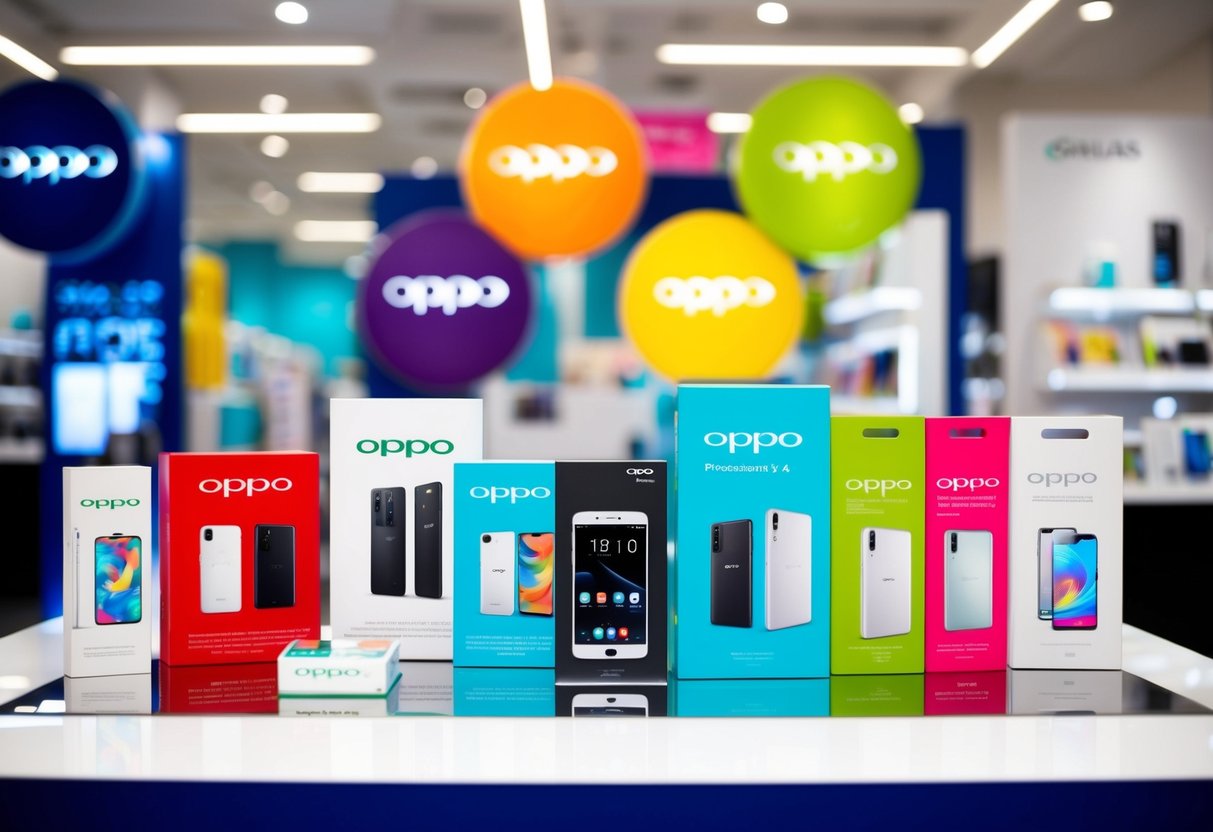 A colorful display of Oppo products and promotional materials arranged in a sleek and modern retail setting