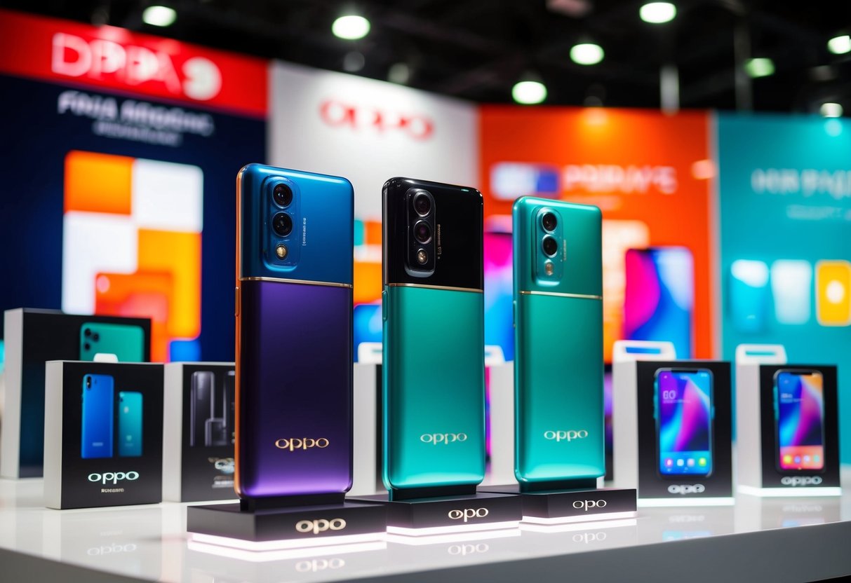 A vibrant display of Oppo products with eye-catching promotional signage