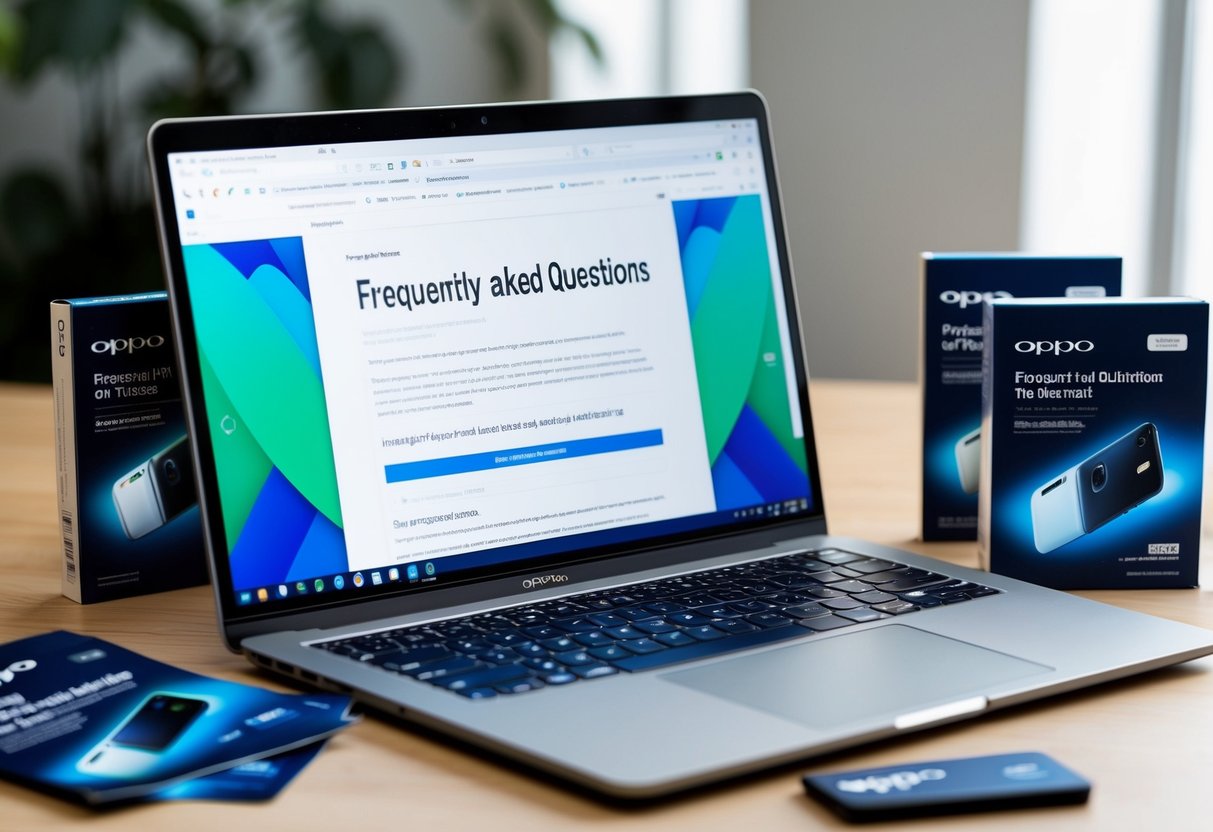 A laptop with the "Frequently Asked Questions" page open, surrounded by promotional materials for Oppo products