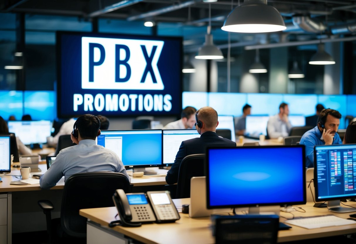 A busy office with people working at desks, phones ringing, and a large digital screen displaying "pbx promotions" in bold letters