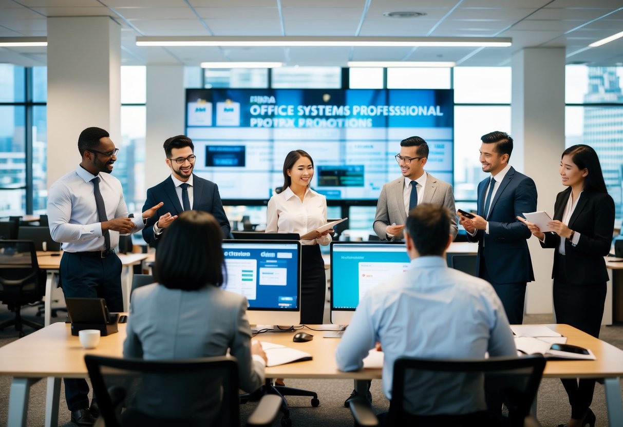 A bustling office with PBX systems displayed and people discussing promotions