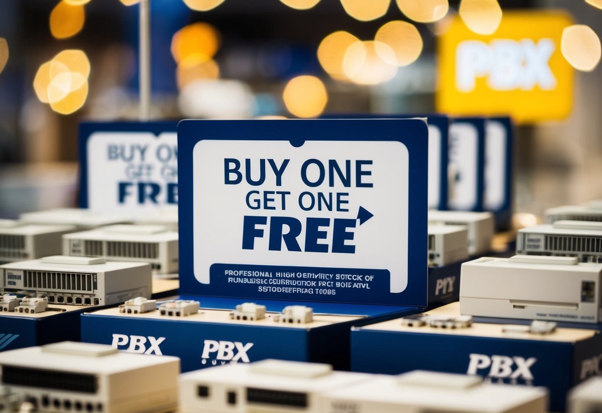 A display of PBX models with a prominent "Buy One Get One Free" sign