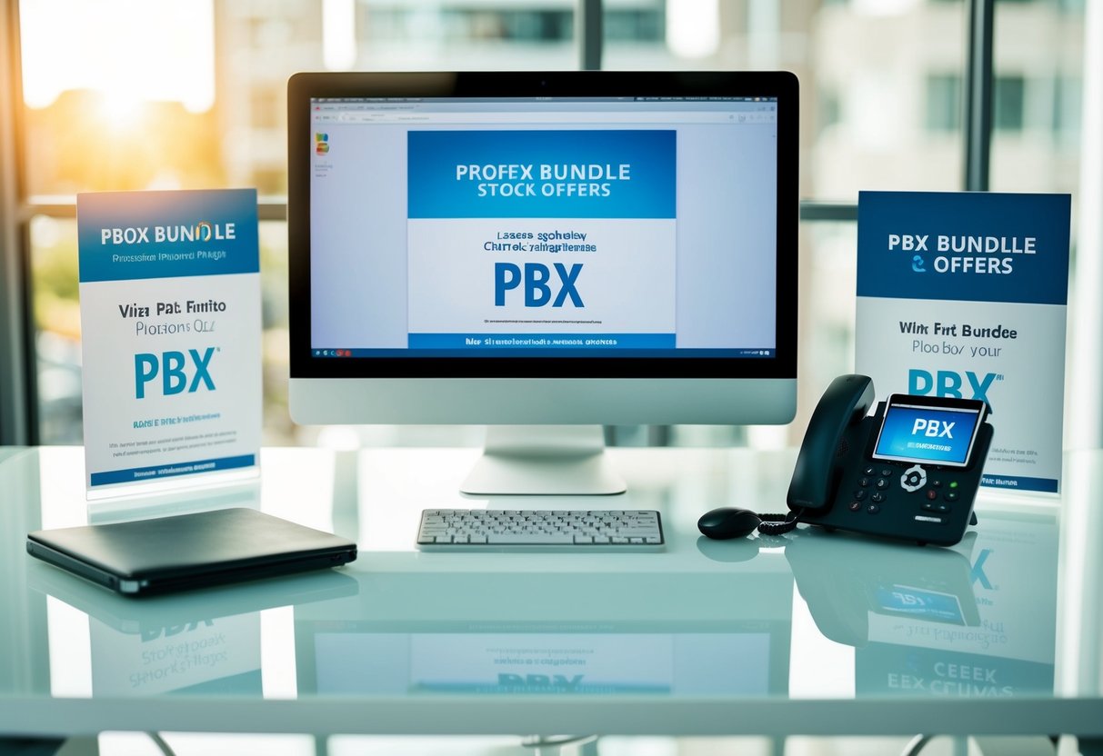A sleek, modern office desk with a computer, phone, and promotional materials for PBX bundle offers
