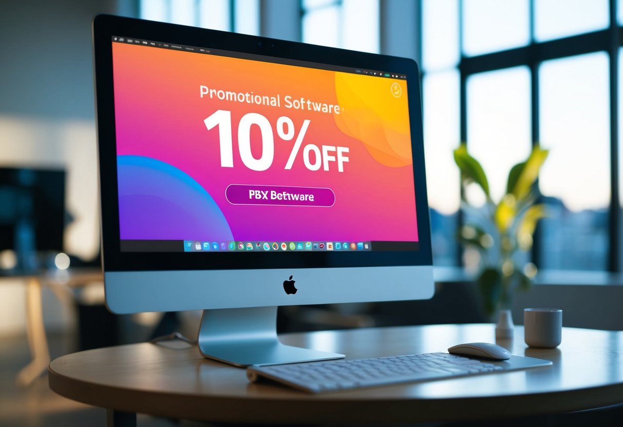 A computer screen displaying a vibrant promotional banner for PBX software with a "20% Off" message