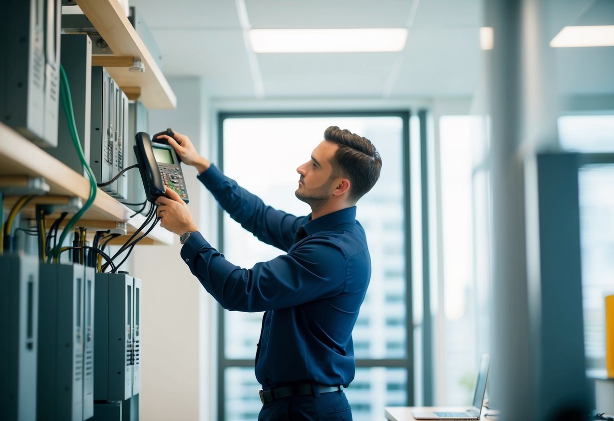 A technician setting up a new PBX system in an office, with cables and equipment being installed