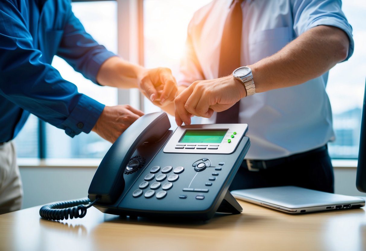 An office phone system being replaced with a newer model, with technicians installing and configuring the new equipment