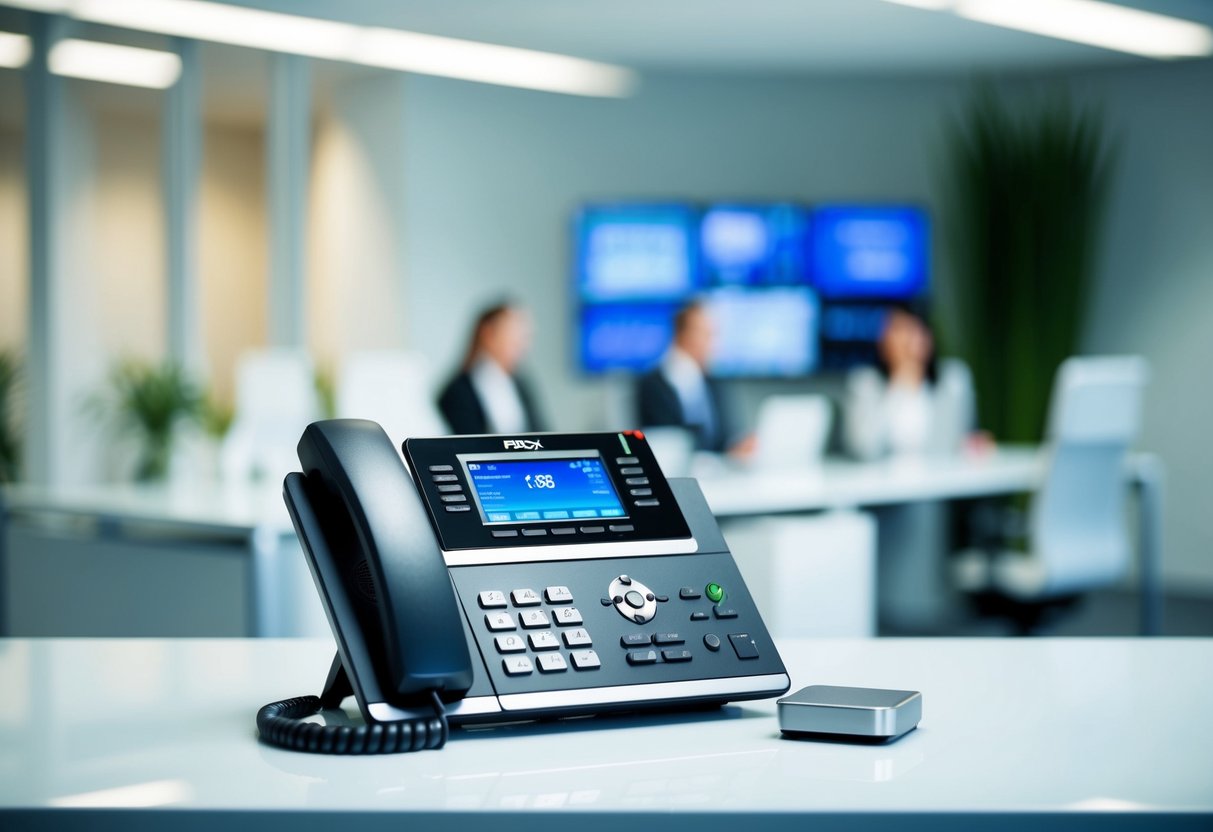 A sleek, modern PBX system with multiple lines and advanced features, showcased in a clean and professional office setting