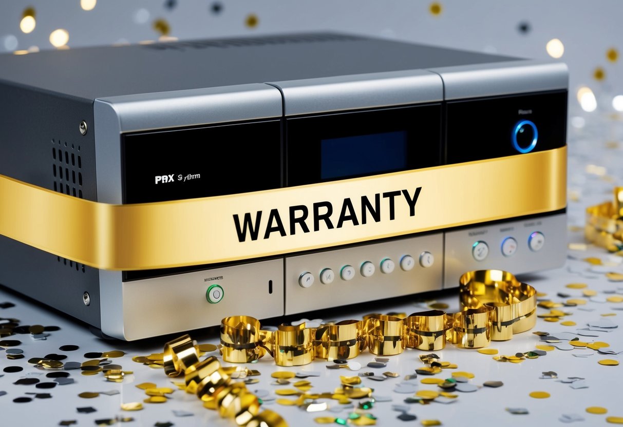 A sleek, modern PBX system with a golden warranty ribbon wrapped around it, surrounded by confetti and sparkles