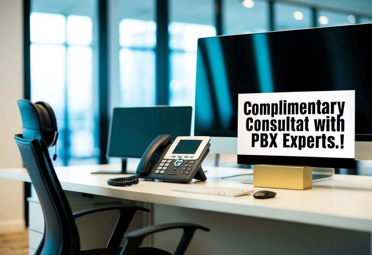 A modern office desk with a computer, phone, and headset. A sign promoting "Complimentary Consultation with PBX Experts" displayed prominently