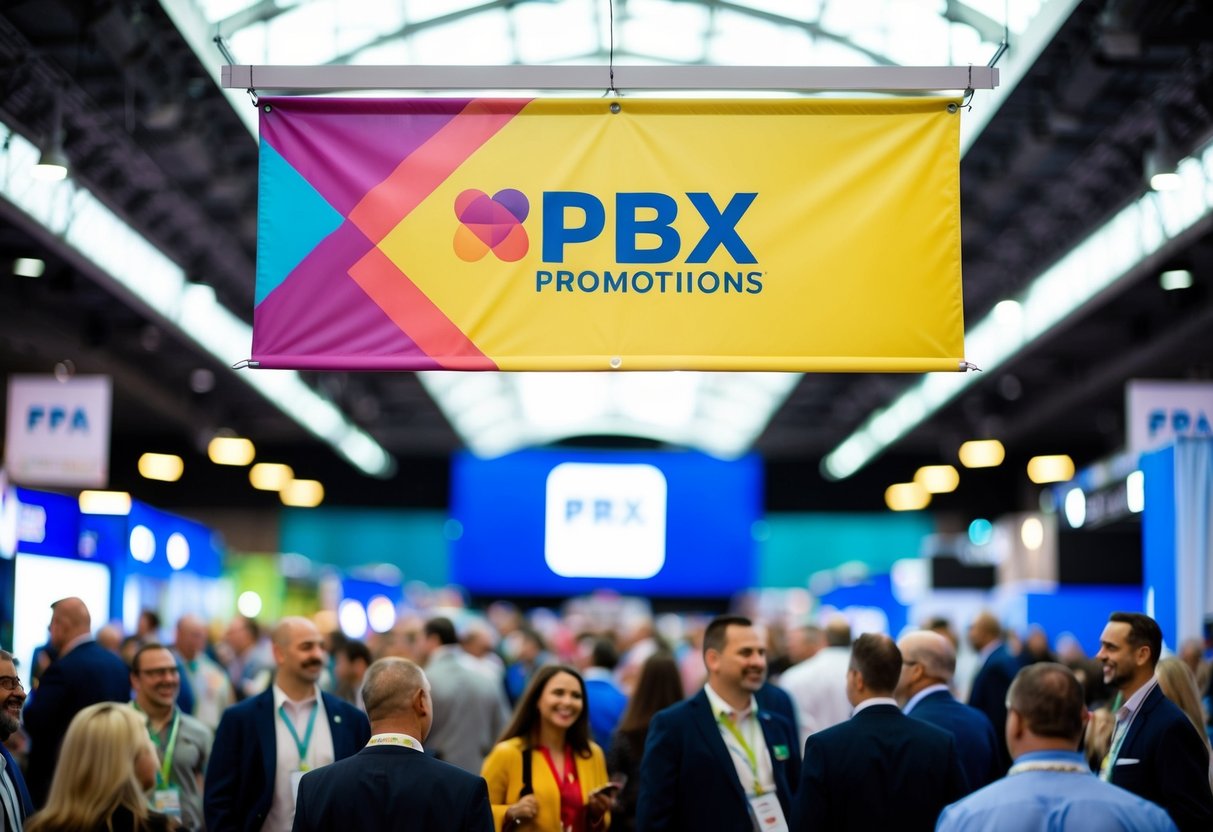 A colorful PBX promotions banner hanging above a bustling trade show booth. Bright lights and excited attendees fill the space