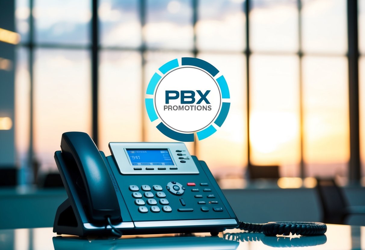 An office phone system with multiple lines and a logo for PBX Promotions prominently displayed