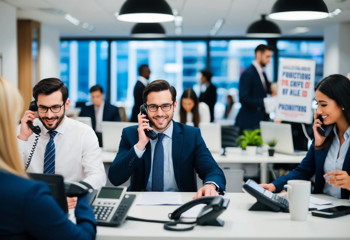 A bustling office with phones ringing and employees coordinating promotions